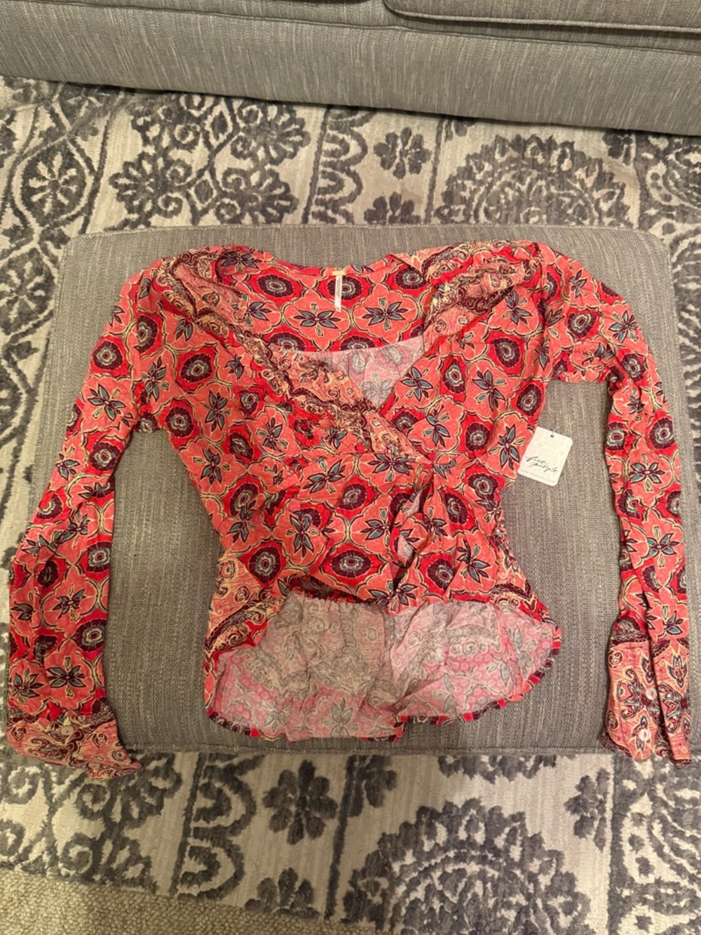 Red Floral Wrap Long-Sleeve Top